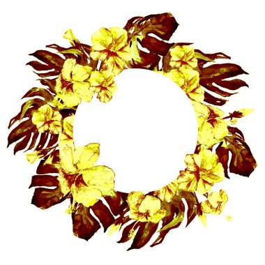 Tropikal daire çerçeve ile ebegümeci ebegümeci ve Monstera suluboya el boyalı Tropic yaz motifi.