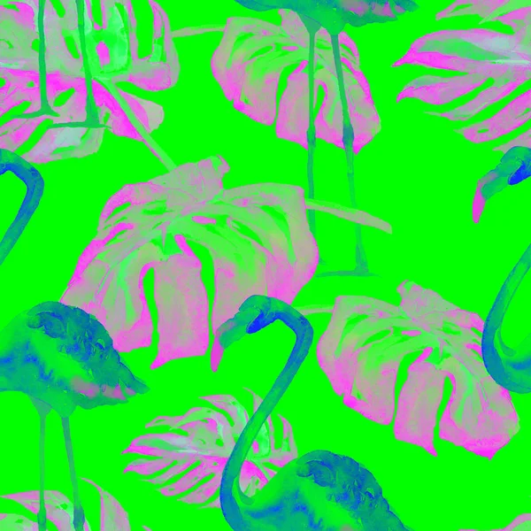 Watercolor Seamless Pattern. Hand Painted Illustration of Tropical Leaves and Flowers. Tropic Summer Motif with Tropical Pattern. — Stock Photo, Image