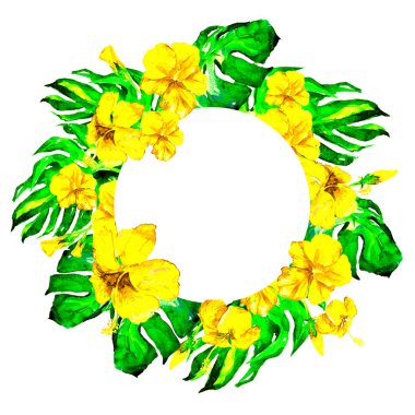 Tropikal daire çerçeve ile ebegümeci ebegümeci ve Monstera suluboya el boyalı Tropic yaz motifi.