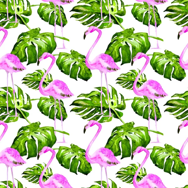 Akvarel Problemfri Mønster. Håndmalet illustration af tropiske blade og blomster. Tropisk sommermotiv med tropisk mønster . - Stock-foto