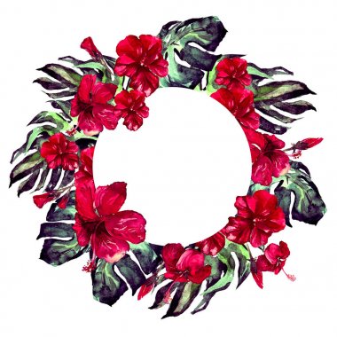 Tropikal daire çerçeve ile ebegümeci ebegümeci ve Monstera suluboya el boyalı Tropic yaz motifi.