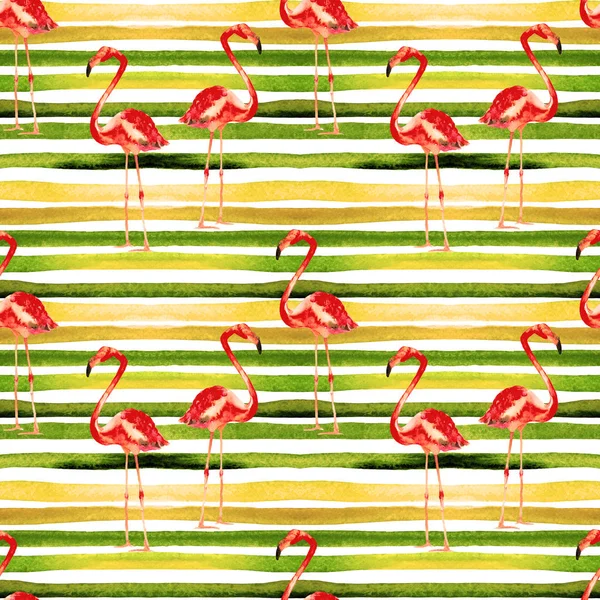 Zomer strand achtergrond. Aquarel naadloze patroon. Handgeschilderde Tropic zomer motief met Flamingo en Stripe — Stockfoto