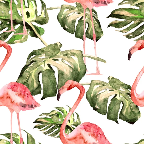 Aquarell nahtloses Muster. Handgemalte Illustration tropischer Blätter und Blumen. tropisches Sommermotiv mit tropischem Muster. — Stockfoto