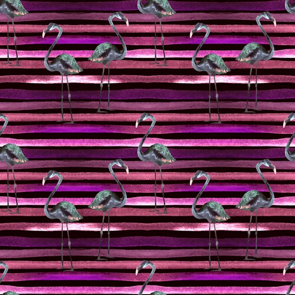 Sommer Strand Hintergrund. Aquarell nahtloses Muster. handbemaltes tropisches Sommermotiv mit Flamingo und Streifen — Stockfoto