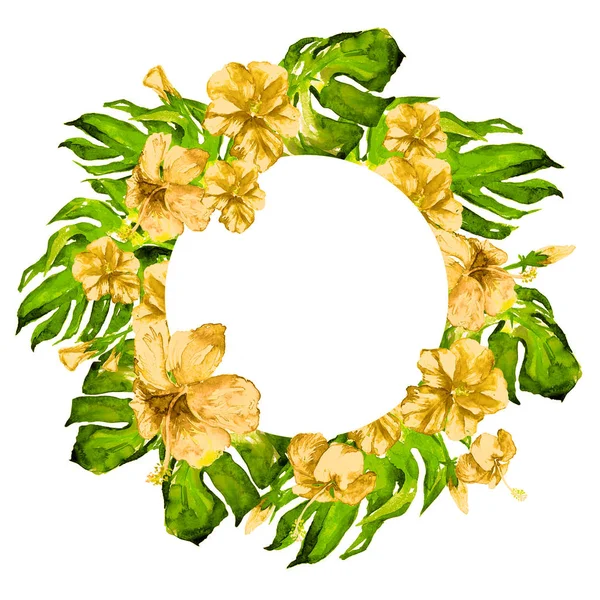 Tropikal daire çerçeve ile ebegümeci ebegümeci ve Monstera suluboya el boyalı Tropic yaz motifi.