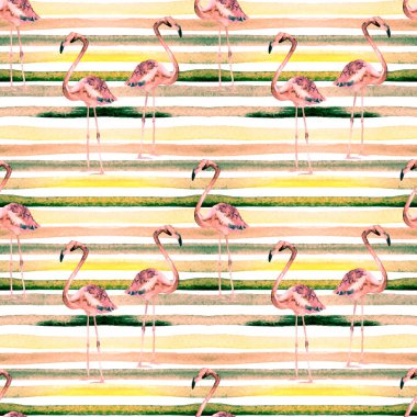 Yaz plaj arka plan. Sulu Boya Dikişsiz desen. El Tropic yaz Motif Flamingo ve şerit ile boyalı