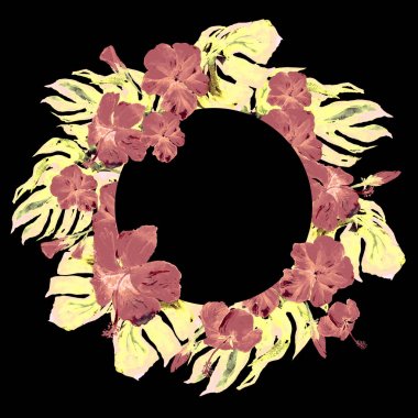 Tropikal daire çerçeve ile ebegümeci ebegümeci ve Monstera suluboya el boyalı Tropic yaz motifi.