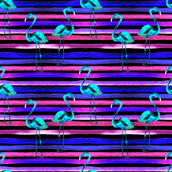 Sommer Strand Hintergrund. Aquarell nahtloses Muster. handbemaltes tropisches Sommermotiv mit Flamingo und Streifen — Stockfoto