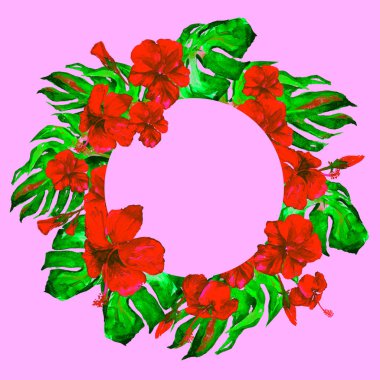 Tropikal daire çerçeve ile ebegümeci ebegümeci ve Monstera suluboya el boyalı Tropic yaz motifi.