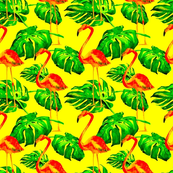 Patrón sin costura de acuarela. Ilustración pintada a mano de hojas y flores tropicales. Motivo de verano tropical con patrón tropical . —  Fotos de Stock