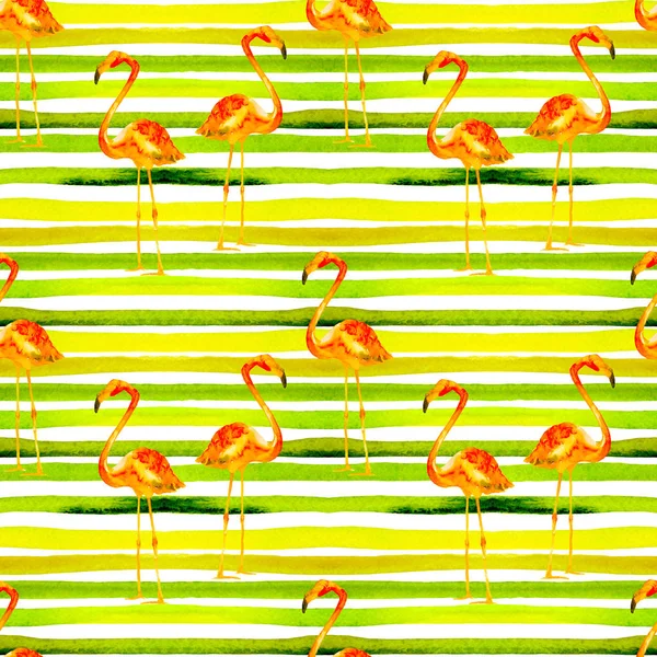 Zomer strand achtergrond. Aquarel naadloze patroon. Handgeschilderde Tropic zomer motief met Flamingo en Stripe — Stockfoto