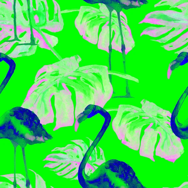 Акварель бесшовная. Ручная иллюстрация тропических листьев и цветов. Тропический летний мотив с тропическим узором . — стоковое фото