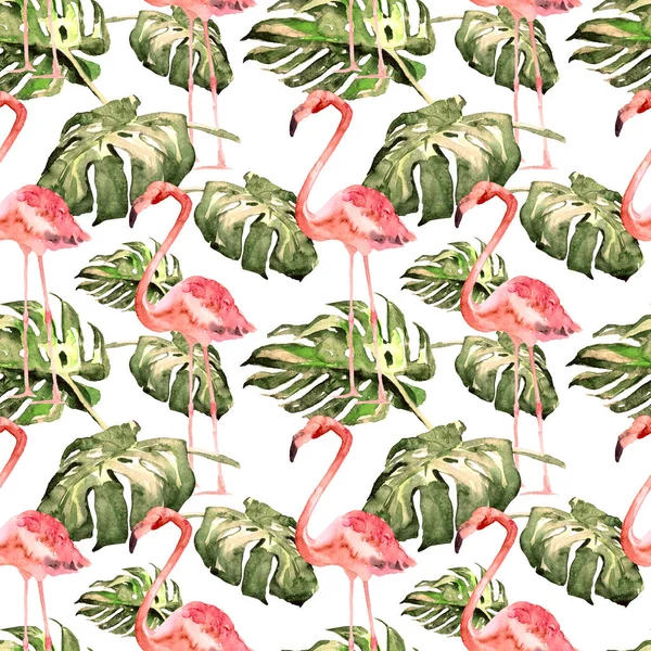 Watercolor Seamless Pattern. Hand Painted Illustration of Tropical Leaves and Flowers. Tropic Summer Motif with Tropical Pattern. — Stock Photo, Image