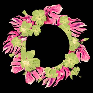 Tropikal daire çerçeve ile ebegümeci ebegümeci ve Monstera suluboya el boyalı Tropic yaz motifi.