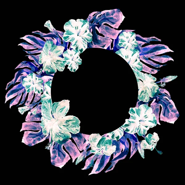 Tropiska cirkel ram med Hibiscus och Monstera akvarell Hand målade Tropic sommaren motiv med hibiskus. — Stockfoto