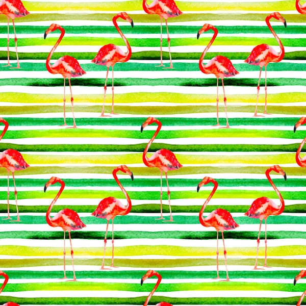 Zomer strand achtergrond. Aquarel naadloze patroon. Handgeschilderde Tropic zomer motief met Flamingo en Stripe — Stockfoto