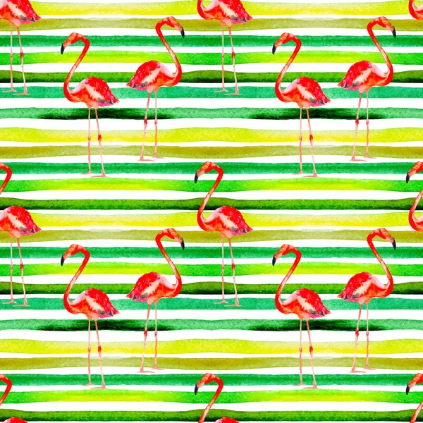 Summer Beach Background. Watercolor Seamless Pattern. Hand Painted Tropic Summer Motif with Flamingo and Stripe