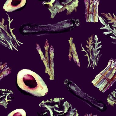 Vejetaryen Seamless modeli. Sağlıklı gıda ile tekrarlanabilir model. Elle çizilmiş suluboya sebze.