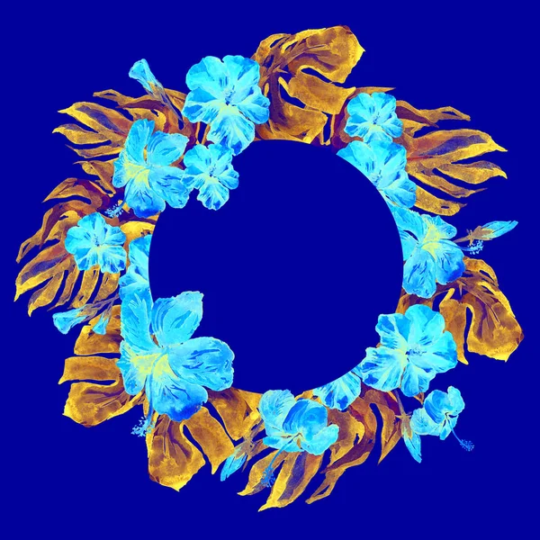 Тропическая круглая рамка с гибискусом и акварелью Монстера, раскрашенный вручную тропический летний мотив с гибискусом . — стоковое фото