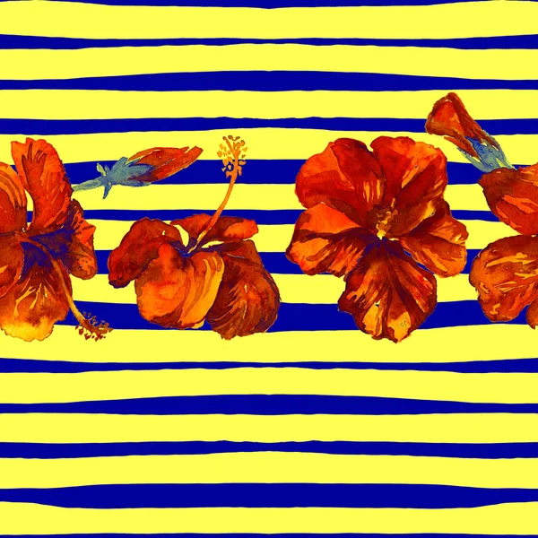 Sommer Strand Hintergrund. Aquarell nahtloses Muster. handbemaltes tropisches Sommermotiv mit Hibiskus und Streifen — Stockfoto