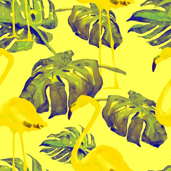 Akvarell Seamless Pattern. Kézzel festett szemlélteti a trópusi levelek és virágok. Tropic nyári motívum trópusi mintával. — Stock Fotó