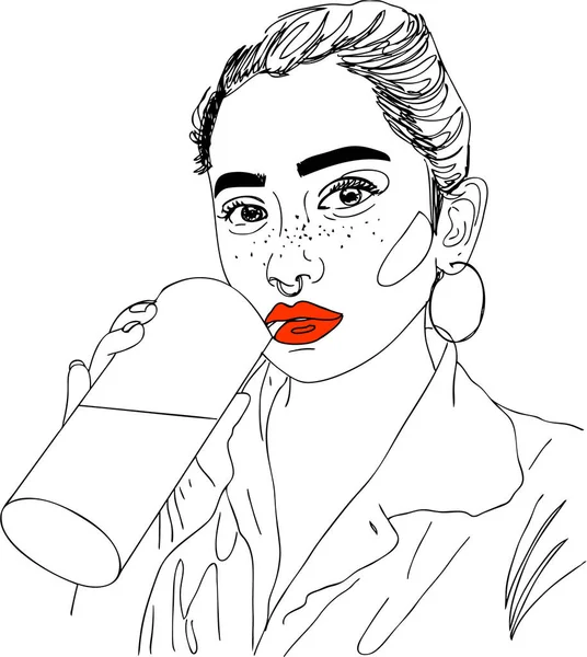 Иллюстрация, Глава молодой женщины с красными губами и кокаинами — стоковый вектор