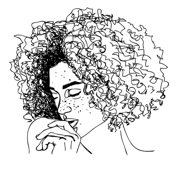 Ilustración, Cabeza de mujer joven con el pelo rizado . — Archivo Imágenes Vectoriales