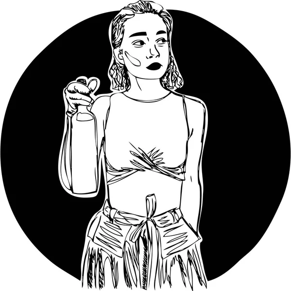 Ilustracja, młoda kobieta z butelką wina. — Wektor stockowy