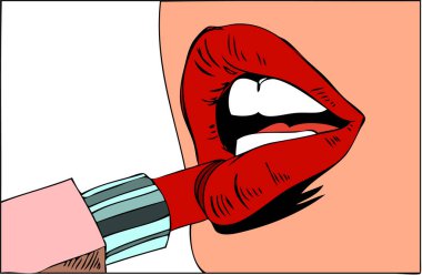 Pop art makyaj. Seksi kız closeup dudaklarına ruj el ve boş konuşma balonu ile boyar