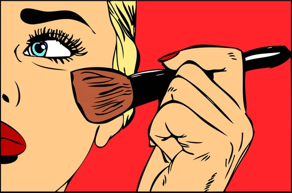 Brosse de maquillage en main pop art rétro vecteur. Beauté, cosmétiques et soins visage — Image vectorielle