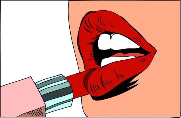 Trucco pop art. Primo piano di ragazza sexy dipinge le labbra con il rossetto in mano e la bolla discorso vuoto — Vettoriale Stock