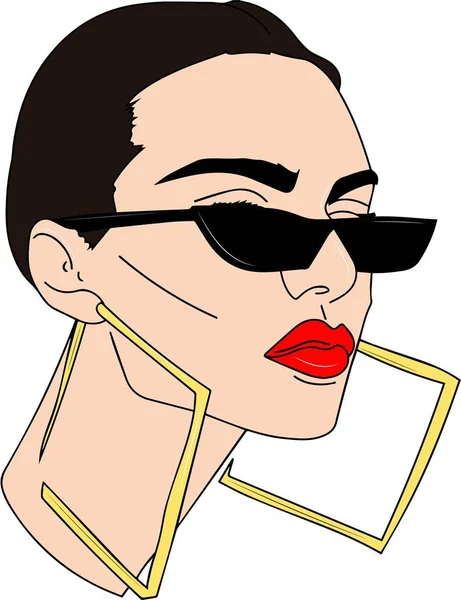 Belle femme en lunettes, lèvres rouges et grandes boucles d'oreilles sur fond blanc — Image vectorielle