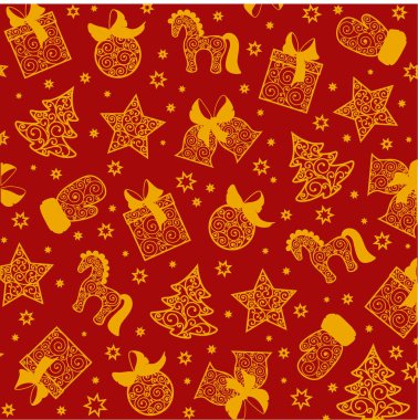 Parlak Noel illüstrasyon. Noel oyuncaklar parlak siluetleri renk kırmızı zemin üzerine sarı. 