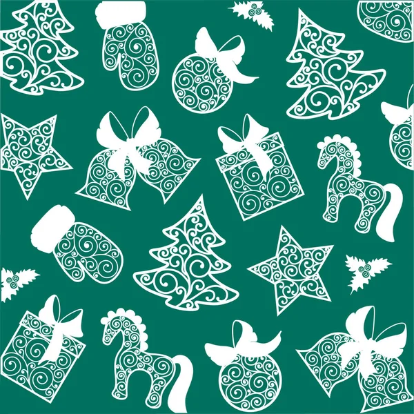 Яркая Рождественская Иллюстрация Яркие Силуэты Рождественских Игрушек Белого Цвета Зеленом — стоковое фото