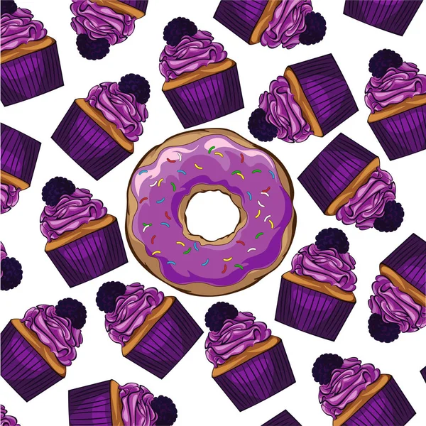 Bright , sweet design element. On white background bright donuts in purple glaze. And blackberry cakes.