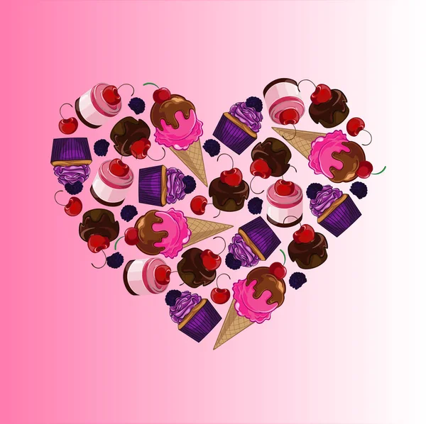 Bright, sweet design element. Sweet heart. Bright cherry ice cream, chocolate cherry cake, souffle, blackberry cake and berries