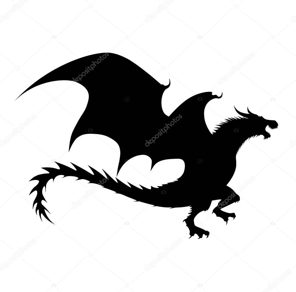 Dragon. Silhouette of a black dragon on a white background. 