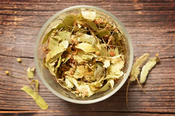 Dried linden flower in a glass jar, — Stock Photo, Image