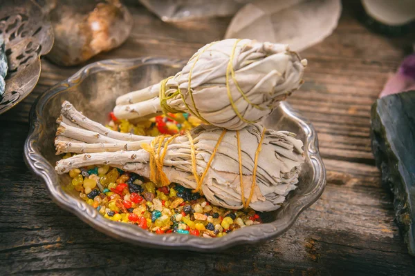 White sage and colorful incense — Stock Photo, Image