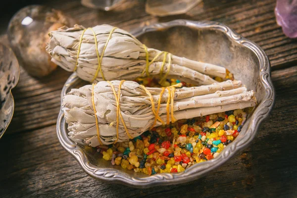 White sage and colorful incense — Stock Photo, Image