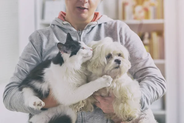 Propriétaire d'animaux avec chien et chat — Photo