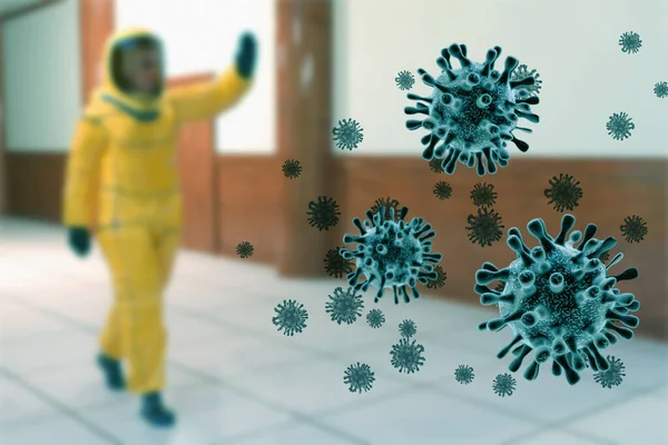 Ilustracja Pokazująca Coronavirus Człowieka Noszącego Kombinezon Ochronny — Zdjęcie stockowe