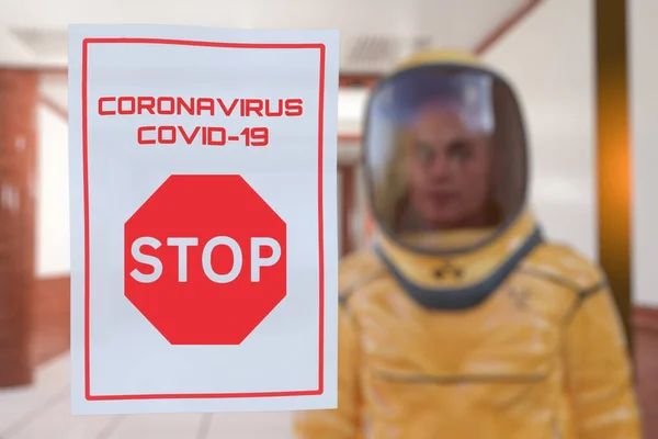 3D图片显示科罗纳威斯警告标志和一名身着防护服的男子 — 图库照片