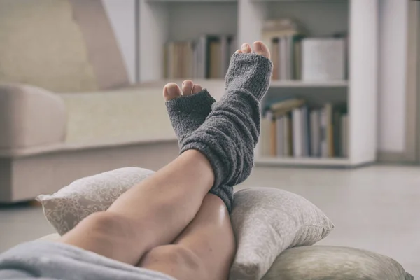 Woman Feet Lying Pilow Home Quarantine Isolation Concept — Stock Photo, Image