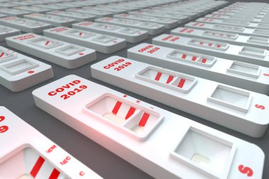 COVID19 SARS virüsü hızlı testler. Hızlı Covid19 test yığını. Testler IgM ve IgG de dahil olmak üzere antikorların üretilmesinde etkilidir. 3d illüstrasyon