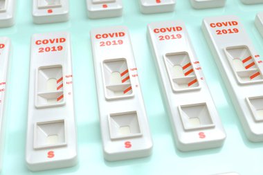 COVID19 SARS virüsü hızlı bir test. Rapid Covid 19 testi. Gemide çok sayıda madde var. 3 boyutlu illüstrasyon. Testler IgM ve IgG dahil antikorların üretilmesinde etkilidir.