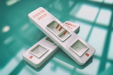 COVID19 SARS virüsü hızlı bir test. Gemide iki Rapid Covid 19 testi var. 3 boyutlu illüstrasyon. Testler IgM ve IgG dahil antikorların üretilmesinde etkilidir.