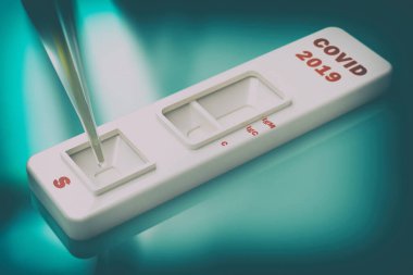 COVID19 SARS virüsü hızlı bir test. Rapid Covid 19 testi. Pipette numune koyuyor. 3 boyutlu illüstrasyon. Testler IgM ve IgG dahil antikorların üretilmesinde etkilidir.