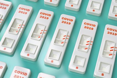 COVID19 SARS virüsü hızlı bir test. Rapid Covid 19 testi. Gemide çok sayıda madde var. 3 boyutlu illüstrasyon. Testler IgM ve IgG dahil antikorların üretilmesinde etkilidir.