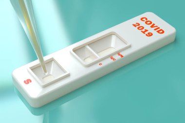 COVID19 SARS virüsü hızlı bir test. Rapid Covid 19 testi. Pipette numune koyuyor. 3 boyutlu illüstrasyon. Testler IgM ve IgG dahil antikorların üretilmesinde etkilidir.